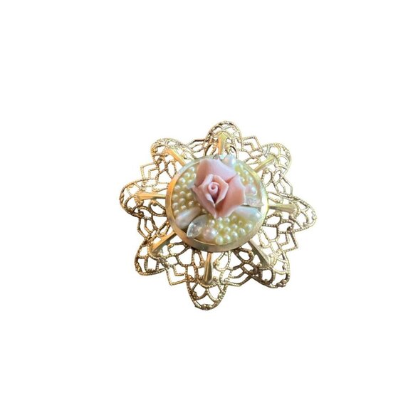 Vintage Brooch Gold Tone Filagree Ceramic 3D Bisque Porcelain Flower Faux Pearls - Picture 3 of 9